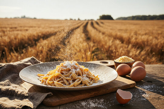 Plato de pasta fresca con huevos en mesa de madera en un campo de trigo