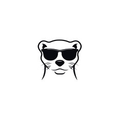 A stylized otter face in black and white wearing sunglasses, with simple whiskers, on white background