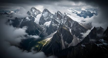 High-Altitude Aerial View of Rugged Alpine Mountains in Thick Fog and Dark Clouds