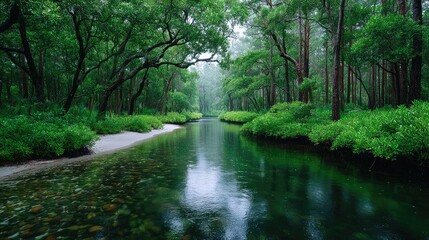 Lush Green Mangrove Forest with Tangled Roots along Calm Waterway in Tropical Scenery Sunlight Reflecting off Water in Natural Harmony