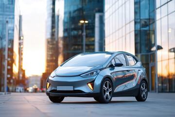 Modern electric car in urban sunset