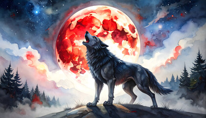 Watercolor painting of a gothic werewolf howling at the blood moon, Pirateship