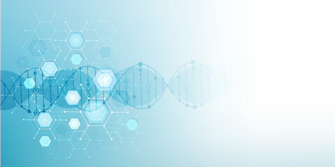 Molecular structure and genetic engineering, atom, neural network, neurons, DNA molecule. Scientific research concept for healthcare, medical, technology, chemistry, science template presentation