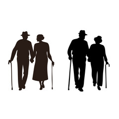 Black silhouette of an elderly couple walking together with a cane, representing companionship, aging, and care.