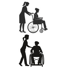 Vector silhouette of caregiver or nurse supporting an elderly person with a walker, symbolizing compassion and healthcare assistance.