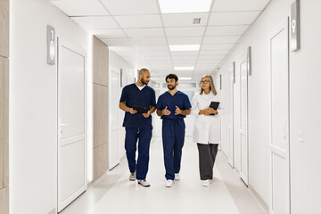 A team of medical professionals, including doctors and nurses, walk and discuss in a bright hospital hallway, likely during rounds or a consultation.