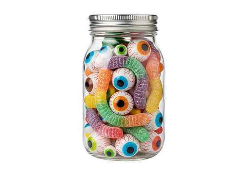 Halloween Gummy Candy Jar: Spooky Eyeballs and Worms Isolated on White - Powered by Adobe