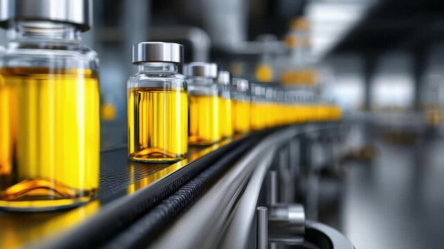 Amber glass bottles on a conveyor belt in a pharmaceutical manufacturing facility.