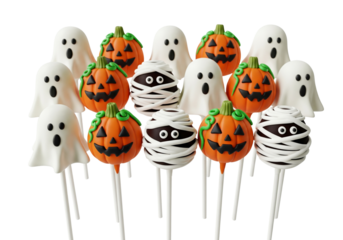 Spooky Halloween Cake Pops Collection: Ghosts, Jack-o'-Lanterns, and Mummies on Sticks, Isolated on White Background