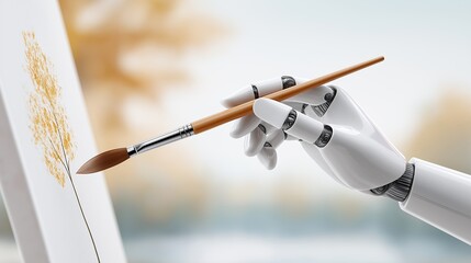 Naklejka premium Robotic hand holding a paintbrush, creating art on a canvas, showcasing the fusion of technology and creativity in a serene artistic environment