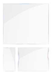 Modern transparent glass panels with glossy reflection, luminous shine, and sleek crystal clarity on abstract background.