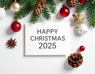 Christmas 2025 Greeting Card with Pine Branches, Baubles, Gold Star, and Natural Accents