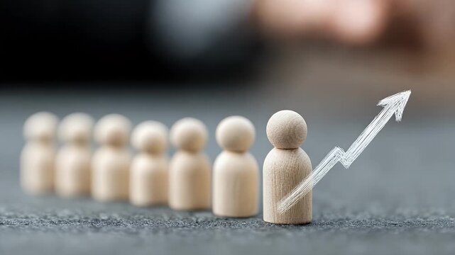 Conceptual Business Growth Finger Placing a Figure in Front of a Row on Dark Grey Surface with Rising Arrow