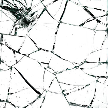 Shattered glass shows intricate patterns and textures with a light background in a close-up view of broken pane