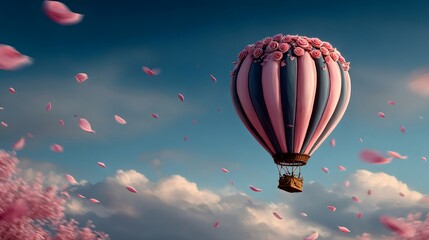 Hot air balloon flying with pink rose petals