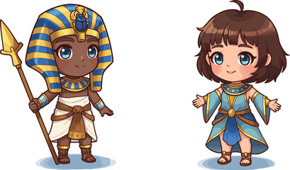 Cartoon ancient Egyptian characters in traditional clothing with spear and robe, showcasing historical culture, diversity, and educational vector illustration concept