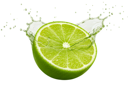 A fresh lime wedge with juice visibly splashing out, highlighting the vibrant green rind and juicy segments, isolated on white or transparent background. PNG