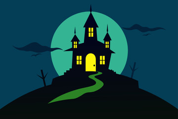 Spooky haunted house silhouette on a hill under a full moon