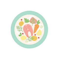 Delicious salmon dish with vegetables and herbs in a bowl.