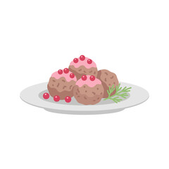 Delicious Meatballs with Lingonberry Sauce and Rosemary Garnish.