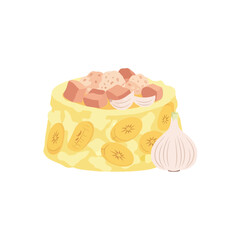 A delicious banana cake with garlic on the side.