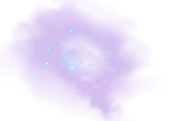 Violet glowing smoke burst with sparkling dust and luminous magical swirl effect on transparent background.
