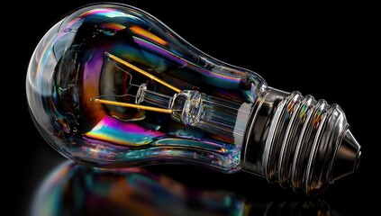 A close-up of a pear-shaped light source showing iridescent glass and glowing filaments