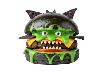 Gourmet Monster Burger with Black Buns, Oozing Green Slime, and Scary Teeth – Spooky Halloween Food Isolated