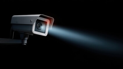 A close-up of a surveillance camera, spotlighting with a beam of blue light, isolated on black