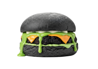 Dark & Mysterious: Black Charcoal Burger with Vibrant Green Dripping Sauce and Melting Cheese, Isolated on White for Halloween or Unique Food Concepts