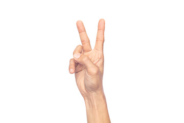 A man's hand holds up two fingers in a V shape to symbolize victory, isolated on white background