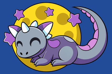 Cute cartoon baby dragon sleeping on the moon with stars isolated on blue