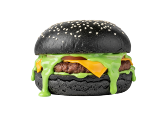 Eerie Black Bun Cheeseburger with Vibrant Green Slime Sauce, Isolated on White