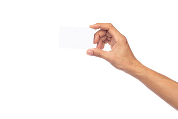 business man hand holding business card isolated on white background with clipping path