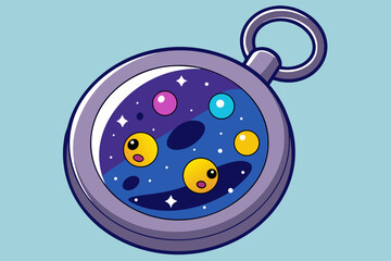 Cute cartoon illustration of a magical amulet with stars and planets inside it