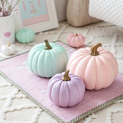 Pastel Mini Pumpkins in Mint, Pink and Lavender on Soft Textured Mat — Cute Autumn Decor for Home or Party