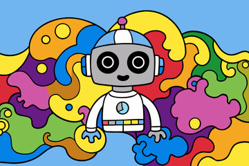 A cheerful robot stands out against a vibrant and colorful abstract background