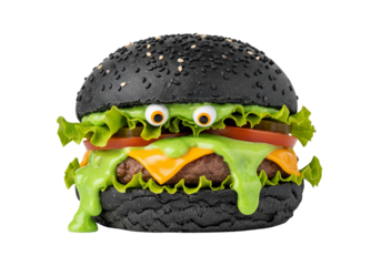 Spooky Halloween Monster Black Burger with Green Slime Sauce and Googly Eyes, Isolated on White Background.