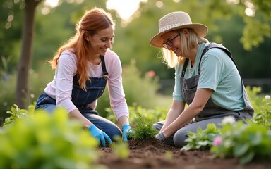 Woman gardening together in summer. High quality