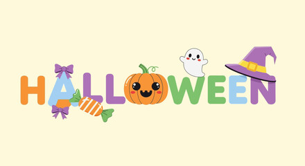 Obraz premium Colorful Halloween Greeting Spooky Pumpkin, Ghost, and Witch's Hat Illustration for Festive Fun