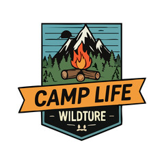 Camp Life Emblem Featuring Majestic Mountains, Campfire, and Logs Surrounded by Lush Forest in a Vintage Badge Design