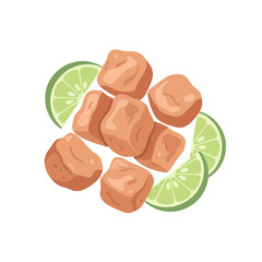 Delicious fried tofu cubes with lime slices a tasty appetizer.