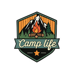 Camp Life Badge Featuring A Campfire, Mountains, And Forest Elements Depicting Outdoor Adventure In Nature Context