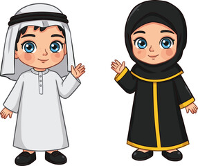 Cartoon Arab boy and girl in traditional Middle Eastern clothing waving happily, cultural diversity, Islamic attire, cheerful children vector illustration
