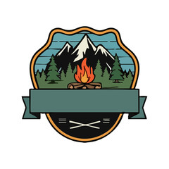 Adventurous Camping Emblem Featuring Snowy Mountains, Lush Forest, and Glowing Campfire in an Outdoor Badge Design