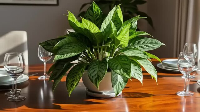 Lush Green Houseplant Adorns a Polished Wooden Dining Table with Elegant Glassware.
