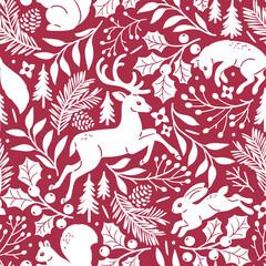Seamless vector pattern with woodland animals and winter foliage. Deer, fox, squirrel, wolf and rabbit on botanical background. Hand drawn illustration of wildlife. Perfect for textile or wallpaper.