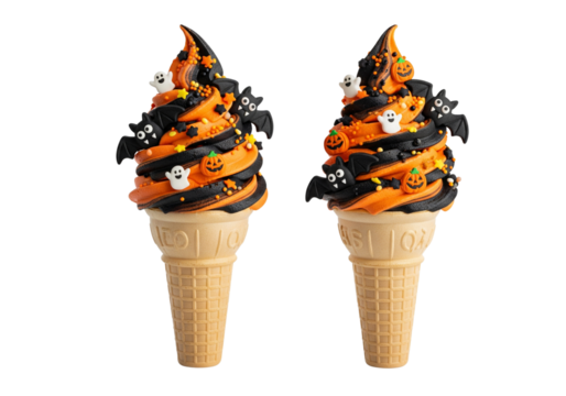 Festive Halloween Soft Serve Ice Cream Cones: Spooky Orange & Black Swirls, Ghosts, Bats, & Pumpkins, Isolated on White Background