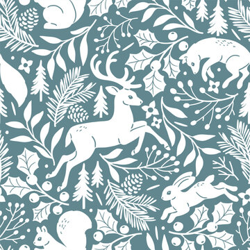 Seamless vector pattern with woodland animals and winter foliage. Deer, fox, squirrel, wolf and rabbit on botanical background. Hand drawn illustration of wildlife. Perfect for textile or wallpaper.