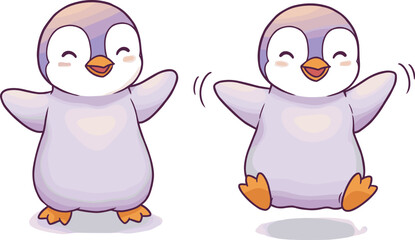 Cartoon baby penguins jumping and smiling with raised wings, cute winter animals vector illustration for children’s content, decor, and education